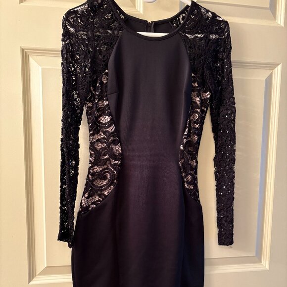 Black Bodycon Dress with Lace Long Sleeves - Picture 2 of 7